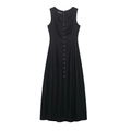 Close-up of square neck sleeveless black linen dress with golden button details - XS / Black