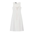 Elegant sleeveless white linen midi dress with square neck and gold buttons detail - XS / White