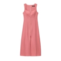 Pink sleeveless linen midi dress with square neck and button front detail - XS / Pink