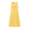 Bright yellow sleeveless linen midi dress with square neck and button front detail - XS / Yellow
