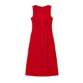 Red sleeveless midi linen dress featuring a square neck and functional button-down front - XS / Red