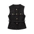 Nahaufnahme der schwarzen Tweed-Strickweste mit Metallic-Schimmer und goldenen Knöpfen - XS / Schwarz