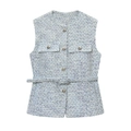 Nahaufnahme des blau-weißen Tweed-Stoffs mit stilvollen Metallknöpfen und Gürtel-Detail - XS / Hellblau