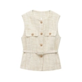 Elegante beige Tweed-Weste für Damen mit Goldknöpfen und passendem Taillengürtel - XS / Gebrochenes Weiß