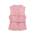 Rosa Tweed-Strickweste mit Goldknöpfen und Pailletten für ein elegantes Damen-Herbstoutfit - XS / Rosa
