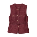 Dunkelrote Strickweste aus Tweed für Damen mit Goldknöpfen und Paillettenbesatz - XS / Rot