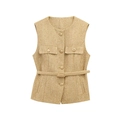 Elegante goldene Tweed-Strickweste mit Vintage-Metallknöpfen und passendem Gürtel - XS / Khaki