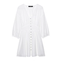 French chic white mini dress with V-neck lantern sleeves and delicate embroidery - XS / White