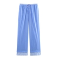 Women's blue striped cotton loungewear pants with drawstring waist and patchwork hem - Striped Pants