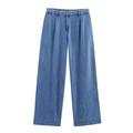 Light blue high waist wide leg denim trousers with pleats shown on white background - Pants