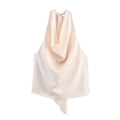 Elegante champagne satijnen haltertop met watervalhals en zijdeachtige afwerking - XS / Beige