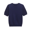 Detail von dunkelblauem Strick-Kurzarm-Top mit gerippten Bündchen und Halstextur - S / Marineblau
