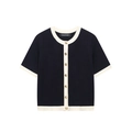 Elegant navy short sleeve knit cardigan with white trim and gold buttons for women - Knit Cardigan