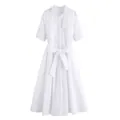 Short sleeve white shirt dress with waist tie and front pockets in a clean A-line fit - XS / White
