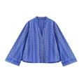 Retro etnische stijl diepblauw shirt met lange mouwen, borduurwerk en een V-hals - S / Blauw
