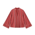 Donkerrode blouse met lange mouwen, V-hals, wit geometrisch borduursel en knoopsluiting - S / Rood