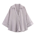 Camicia oversize a righe marroni in misto lino con scollo a V e maniche ampie - XS / A Righe Cachi