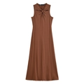 Elegantes caramelbraunes ärmelloses Maxikleid mit Knotendetail und A-Linien-Silhouette - S / Braun