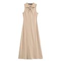 Eng anliegendes ärmelloses beige Maxikleid mit Knotendetail und Halssausschnitt-Design - S / Khaki
