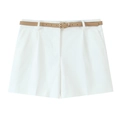 Pantaloncini bianchi a vita alta con pieghe, gamba larga e sottile cintura marrone - XS / Bianco