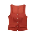 Women's minimalist caramel button-front vest top with square neck and flap pockets - XS / Orange