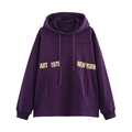 Oversized deep purple hoodie with New York Art 1975 print and ribbed cuffs - S / Purple