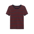 Damesgebreid T-shirt met korte mouwen met rood-blauwe geribbelde strepen en een ronde hals - S / Rood-blauwe Strepen