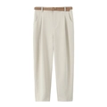 Pantaloni casual bianco crema da donna con sottile cintura marrone e fibbia dorata - XS / Albicocca