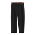Pantaloni da completo casual neri da donna con cintura marrone e fibbia tonda dorata - XS / Nero
