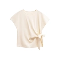 Top a maglia a maniche corte bianco crema da donna con elegante fiocco decorativo - Bianco