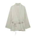Minimalist beige textured tie-waist cardigan with V-neck and kimono-style sleeves - Tops