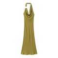 Olive green satin midi dress with halter neck, cowl neckline and gold metal ring detail - XS / Bottoms / Matcha Green