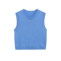 Detail van het hemelblauwe gebreide vest met de fijngebreide halslijn en textuur - XS / Blauw