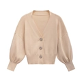 Chic apricot V-neck knit cardigan with unique rose flower metal buttons and lantern sleeves - XS / Apricot