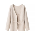 Cárdigan de punto beige elegante con cuello en V, cinturón de lazo y manga larga - Albaricoque