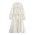 Elegantes elfenbeinfarbenes Langarmkleid mit Stehkragen, Goldknöpfen und Strukturstoff - XL / Gebrochenes Weiß