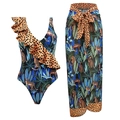 Detail of two-piece swimwear with leopard print, tropical leaves, and orange polka dot trim - M / Top And Bottom / 16005-1 Print