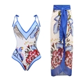 Women's tropical print one-piece swimsuit and matching beach wrap skirt set - 16020-1 Blue Set / M