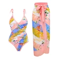 Two-piece tropical palm leaf print swimsuit and matching sarong skirt beach set - 16008-1 Pink Set / M