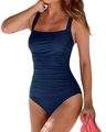 Women's one-piece swimsuit in navy blue featuring pleated texture and wide straps - S / Dark Blue
