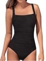 Women's solid black one-piece swimsuit with square neck and tummy control ruching - S / Black