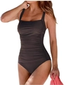 Chic dark brown ruched one-piece swimsuit with thick straps and slimming tummy control - S / Brown