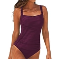 Sleek deep purple one-piece swimsuit featuring a square neck and ruched slimming belly detail - S / Burgundy