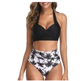 Two-piece bikini set with solid black halter top and high-waisted palm print bottoms - S / Black with Palm Tree Print