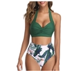 Two-piece halter bikini with dark green top and tropical palm leaf print high-waisted bottoms - S / Tropical Green Leaf Print