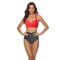 Red halter bikini top with knot detail and black high-waisted polka dot swim bottoms - S / Red with Polka Dot