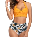 Two-piece halter bikini with orange top and high-waisted sunflower print bottom - S / Orange with Sunflower Print