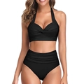 Classic black halter neck bikini set with high-waisted ruched bottoms for women - XL / Top And Bottom / Black