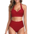 Red halter neck bikini set with ruched high waist bottoms and twisted front top - S / Top And Bottom / Burgundy