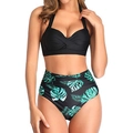Two-piece halter bikini with black knotted top and high-waisted tropical leaf print bottoms - S / Top And Bottom / Black Top Green Bottom